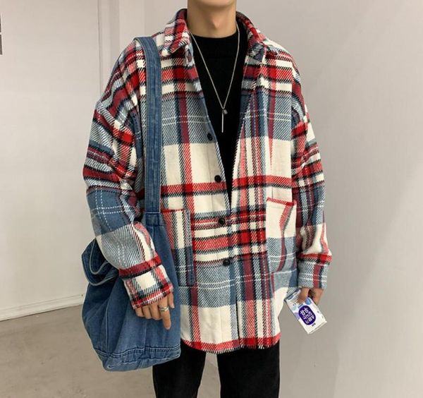 

check flannel shirt men long sleeve winter casual korean loose fashion vintage mens shirts plaid oversized male and blouses3516126, White;black