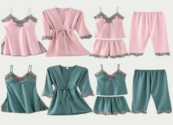 

spring women pajamas 5 pcs satin sleepwear pijama lace home wear clothing embroidery sleep pyjama with chest pads sy030105 dropshi7610684, Black;red