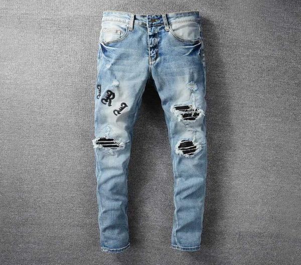 

men039s jeans amri ripped pants fashion hip hop blue letter printing good version high street youth slim fit denim elastic l40s9825446