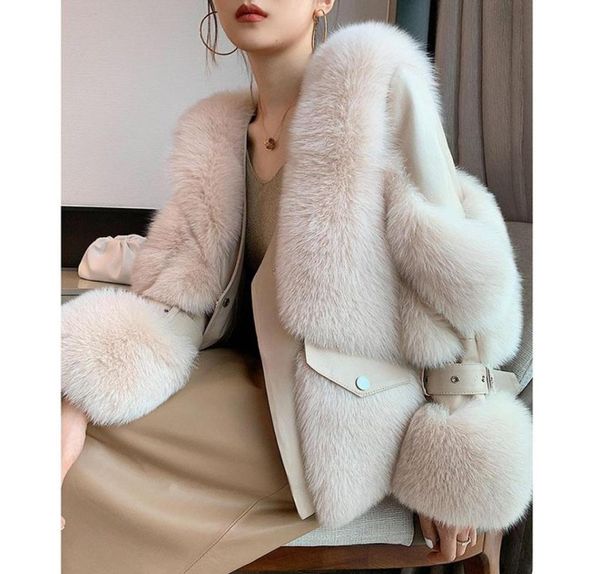 

women winter real fur coat short long sleeve natural fur jacket outwear with genuine sheep leather thick genuine3370339, Black