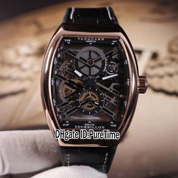 

new collection vanguard v45 rose gold black inner skeleton dial tourbillon automatic mens watch black rubber leather watches puret2759, Slivery;brown