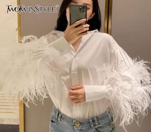 

twotwinstyle casual patchwork feather blouse for women lapel lantern sleeve white solid shirt female fashion new clothing 2012014874812