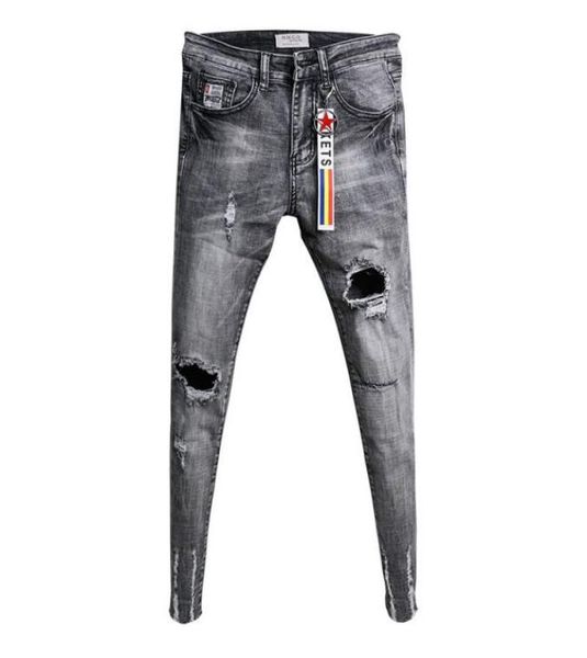 

whole fashion casual teenagers cowboy korean trendy knee ripped hole skinny jeans mens raw edge fashion stretch pants 2011116739086, Blue