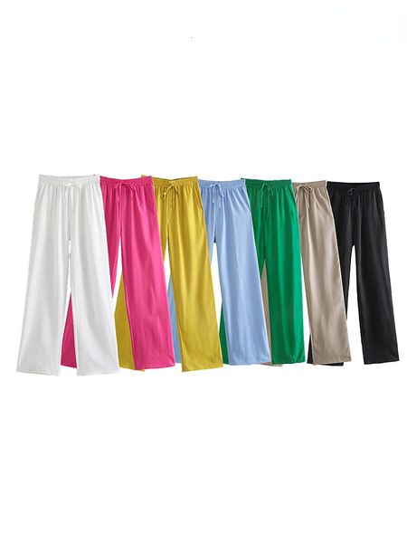 

women's pants s traf women chic fashion side pockets loose wide leg vintage high elastic waist drawstring female casual trousers mujer, Black;white