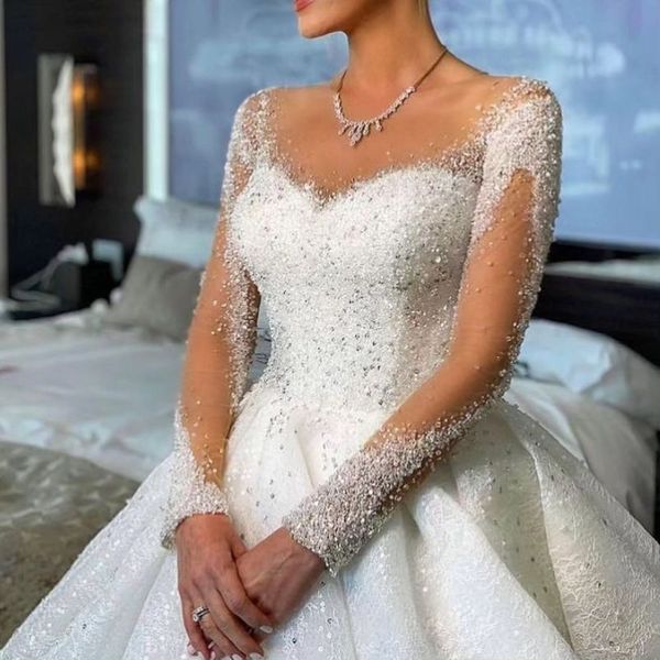 

elegant o-neck long sleeve bride ball gown wedding dress 2023 gorgeous beading chapel train vintage bridal gown, White