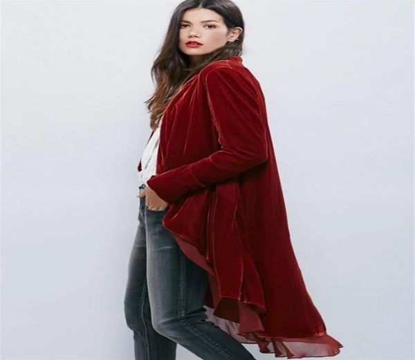 

elegant velvet chiffon ruffles trench coat women fashion open stitch dovetail casaco feminino office lady velvet duster blazermx195469690, Tan;black