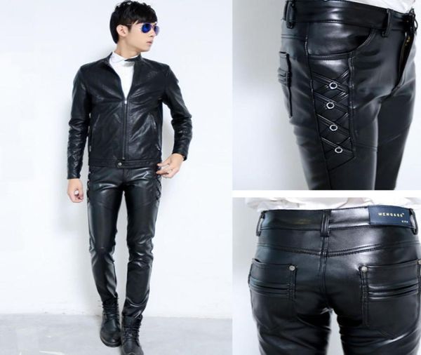 

new mens elastic faux leather pants pu motorcycle ridding black slim fit trousers for male8602308