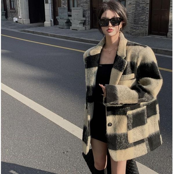 

womens wool blends korean plaid suit coat women jacket autumn winter loose temperament heavy woolen clothing za fashion y2k 230818, Black