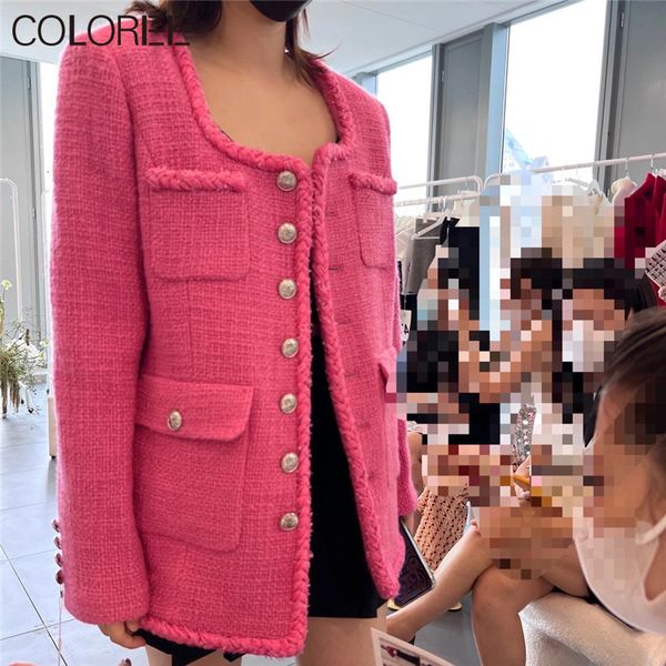 

womens wool blends pink beige tweed jacket luxury designers oneck single breasted long coat women autumn winter korean fashion streetwear 23, Black