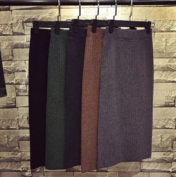 

skirts winter women warm 2021 knitted pencil falda tubo faldas coreanas negra green brown vintage midi skirt jupe crayon7935569, Black