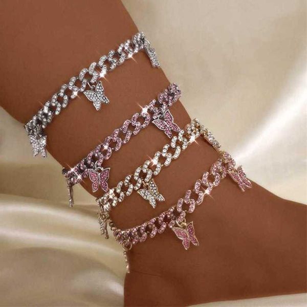 

iced out pink crystal butterfly anklets cuban link chain jewelry for women gold silver color metal anklet hop 230719, Red;blue
