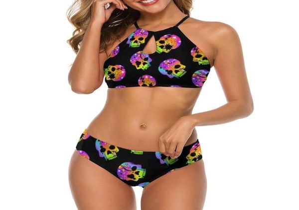 

women039s swimwear sugar skull bikini swimsuit halloween skulls art high leg fashion trendy rave two piece big chest bathing su1901314, White;black
