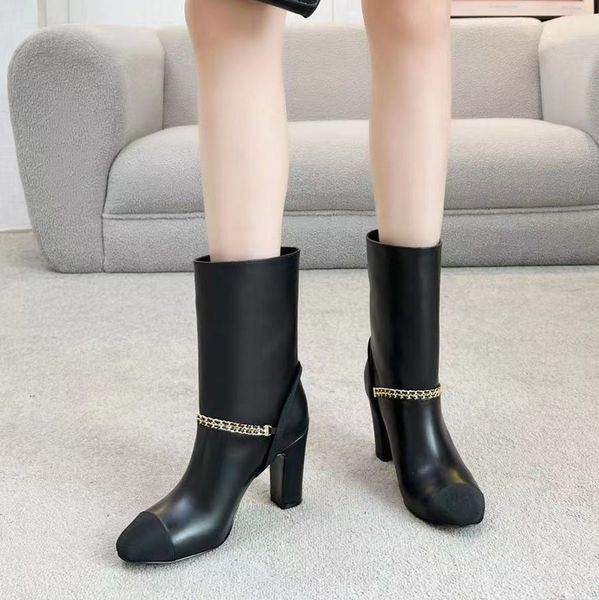 

full grain leather half boots suede with round toe thick heel slip-on leather outsole party evening shoes women's luxury designer high, Black