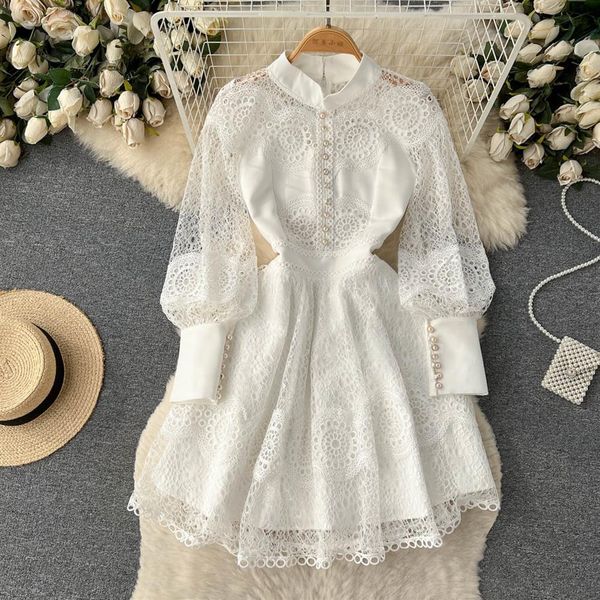 

a line casual dresses 2023 vintage flower embroidery hollow out lace dress women's stand collar long lantern sleeve pearls bu2431, Black;gray
