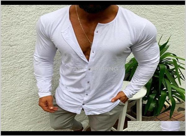 

men039s tshirts apparel mens casual fashion slim fit button v neck long sleeve muscle basic tee solid color tshirt drop 5721703, White;black