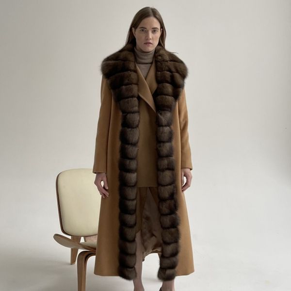 

womens wool blend coat real fur jackets winter for cashmere 230818, Black