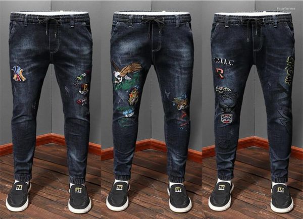 

men039s jeans everyday 2022 four seasons models all year round elastic band waist embroidery youth men039s trousers6345193, Blue