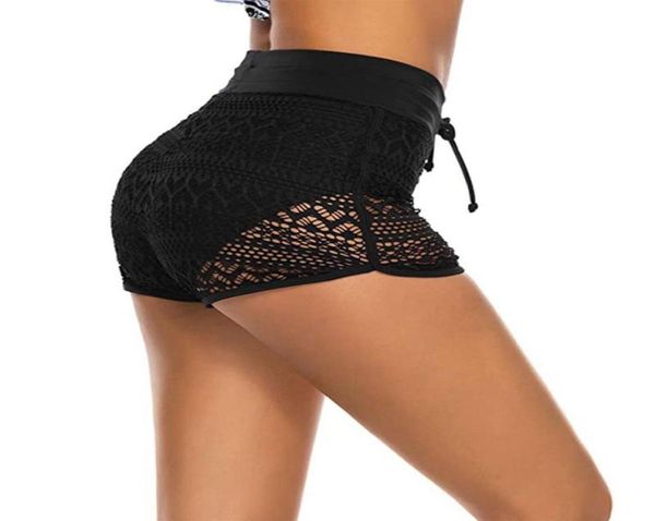 

women039s swimwear female swimming trunks lace floral high waist beach shorts with drawstring for summer black sml4978577, White;black