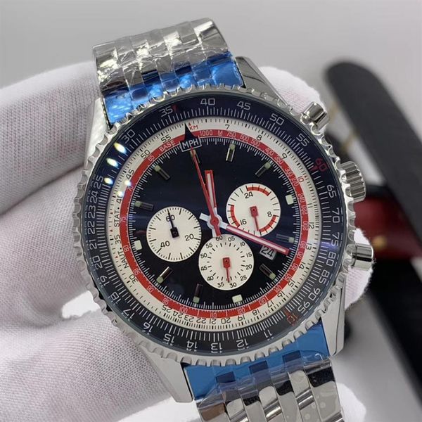 

46mm black dial quartz chronograph watch breit and ling mens watches luminous index wristwatches with slide rule markings around t214n, Slivery;brown