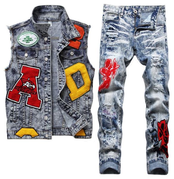 

summer blue tracksuits embroidered men039s vest jeans 2pcs set fashion slim denim waistcoat and ripped patch stretch pants conj6207451, Gray