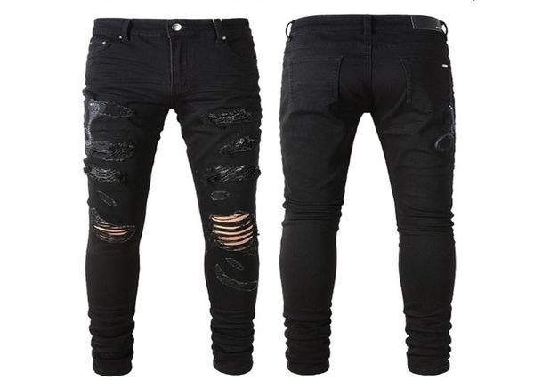 

black elastic denim jeans trouser for man embroidery patches detail slim fit leg6125568, Blue