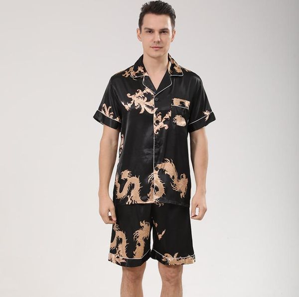 

men satin silk pajamas sleepwear sets shirts shorts male pijama sleep wear leisure home clothing dragon letter male loungewear2295049, Black;brown