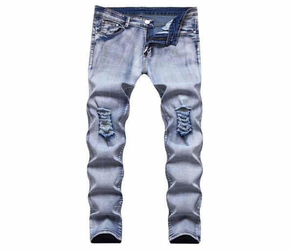 

men039s jeans streetwear men autumn winter solid color slim stretch casual mid waist ripped with denim straight pants5518149, Blue