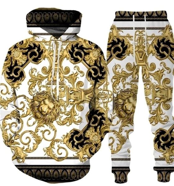 

men039s tracksuits golden pattern chain 3d printed tracksuit hoodie pants set oversize street style pullover trousers suits men9229695, Gray