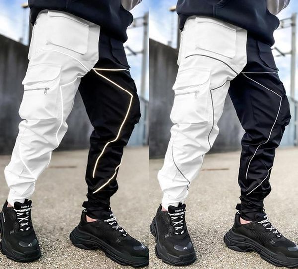 

men039s reflective night running sport pants side pockets cargo harem pants joggers trousers fashion casual1907851, Black