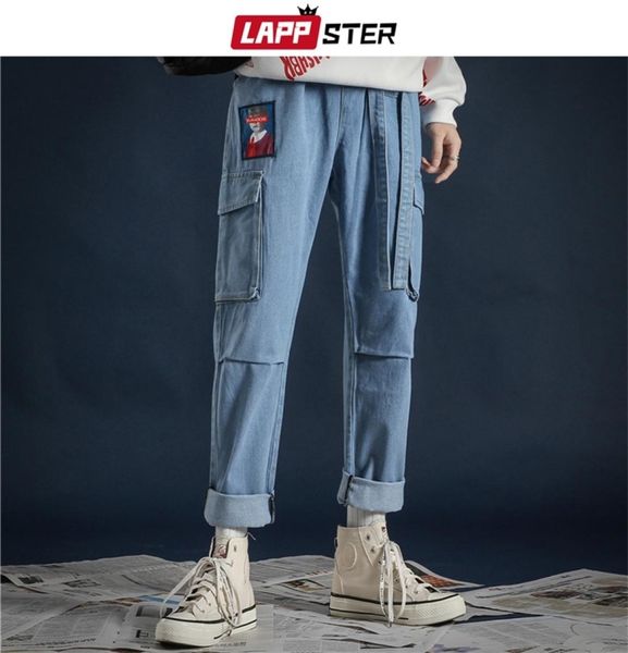 

lappster korean fashoins streetwear jeans pants 2020 ribbons harajuku baggy jeans couple pockets denim blue pants cx23541373