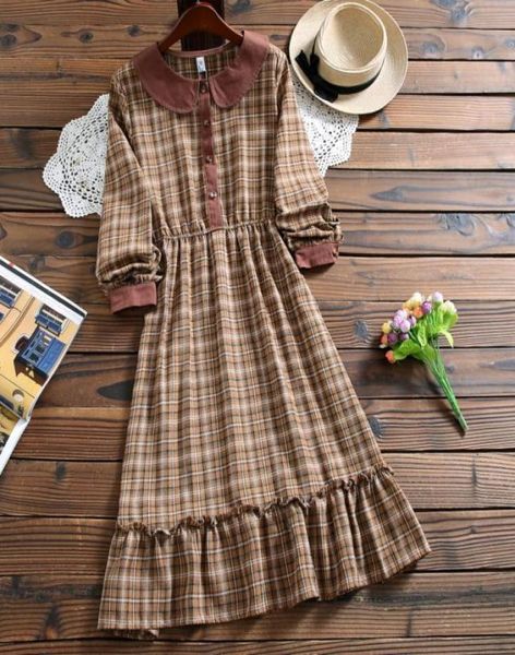 

mori girl cute kawaii fashion plaid dress autumn style peter pan collar long sleeve casual dress for lady4163719, Black;gray
