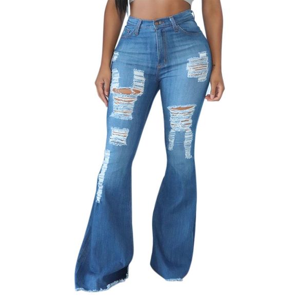 

ripped hole jeans for women vintage high waist denim pants ladies flare jeans with pocket casual long zipper pants lj2010132083351, Blue