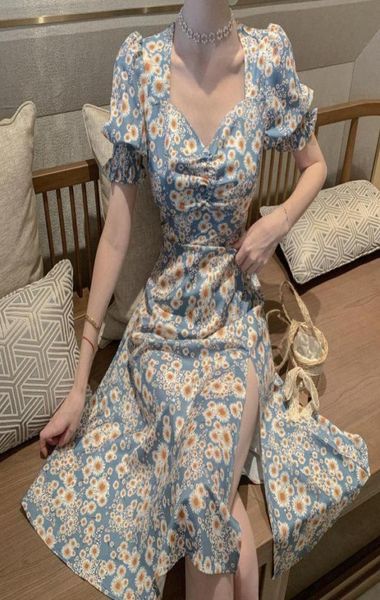 

summer floral dress women french style puff sleeve chiffon split dress oversize korean print women summer clothes 20208969316, Black;gray