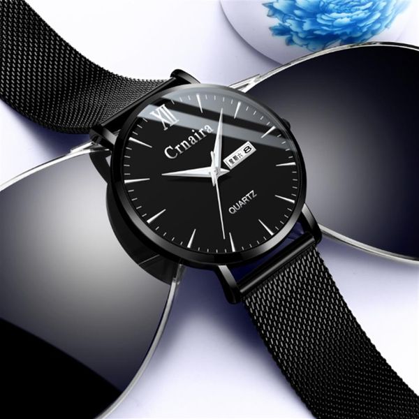 

crnaira 2021 mesh band cwp quartz mens watches luminous calendar watch big three hands casual business stylish man wristwatches291j, Slivery;brown