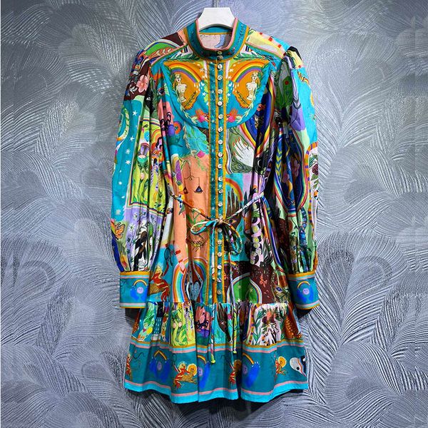 

australian designer dress printed long sleeved single breasted stand up collar waist up dress short skirt, Black;gray