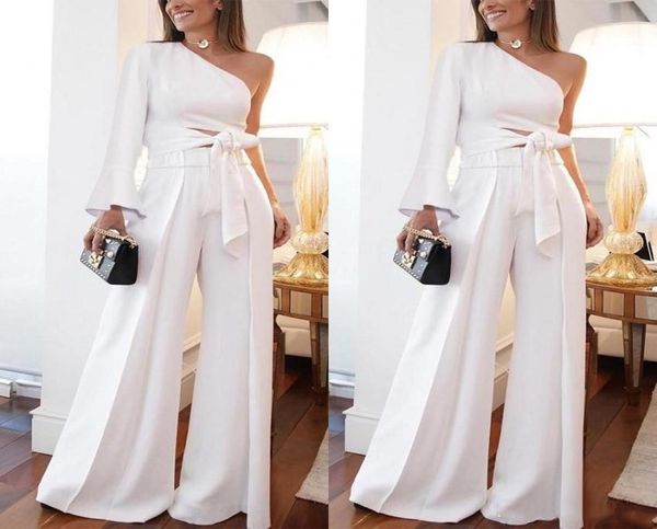 

two pieces wide jumpsuit white evening dresses women pant suits one shoulder poet long sleeve casual prom party gowns custom made3322777, Black;red