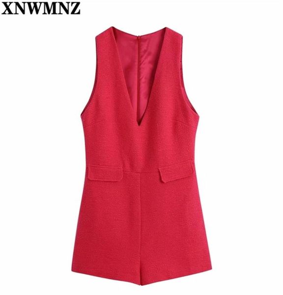 

women vintage v neck tweed playsuits female casual back zipper sleeveless rompers ladies chic jumpsuits 2105204161842, Black;white