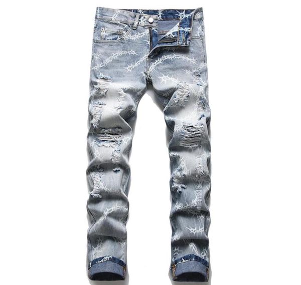 

2022 summer street ripped hole men039s jeans fashion urban tight printed cotton denim pants slim fit mid waist casual trousers6374320, Blue
