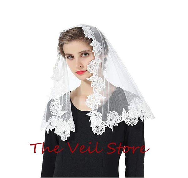 

bridal veils women small mantilla for church head covering tulle rose appliques catholic chapel with clips tradition1824838, Black