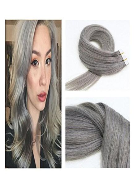 

tape in real human hair extensions silk straight skin weft extensions 25gpiece 40 piecelot silver grey human hair9097179, Black