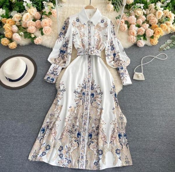 

casual dresses 2022 spring women vintage notched collar puff sleeve long dress single breasted floral print court with belt runway1247840, Black;gray
