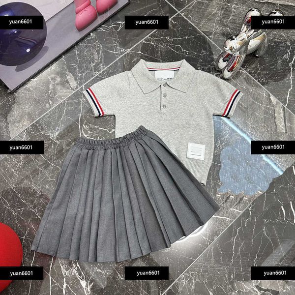 

luxury kids clothes child sets baby 2pcs summer tracksuit outdoor striped polo shirt and solid pleated skirt size 100-150 cm feb27, White