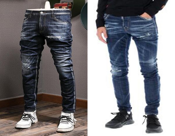 

italy fade vintage jeans men bleach wash denim trouser cool guy stitch detailed jeans1520320, Blue