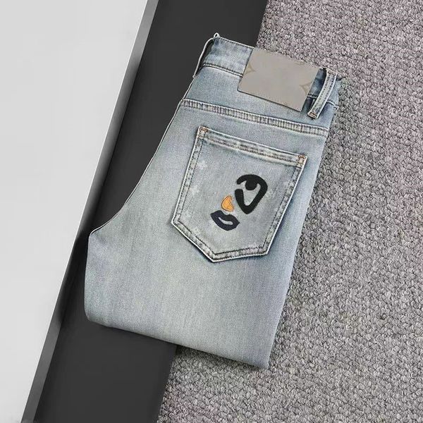 

designer classic floral letter wash straight cylinder luxury wash wear resistant row patch motorcycle vintage stretch business pants, Blue