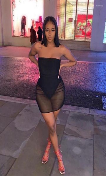 

casual dresses 2023 summer mini dress women strapless mesh sheer spliced bodysuit party club bodycon female7865229, Black;gray