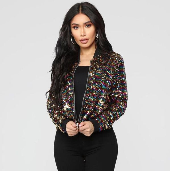 

women bomber jacket colorful sequin glitter bling bling long sleeve zipper cool street club wear 2019 spring autumn jackets coat1289543, Black;brown