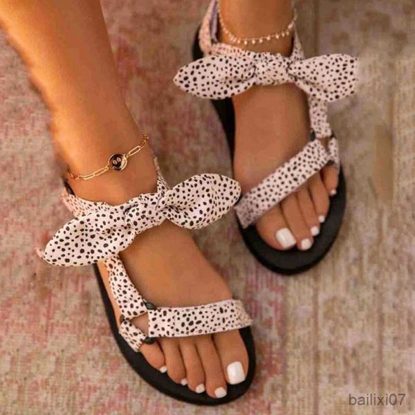 

sandals new summer women sandals color flat casual lace up bow shoes for ladies fashion outdoor leopard beach mujer r230821, Black