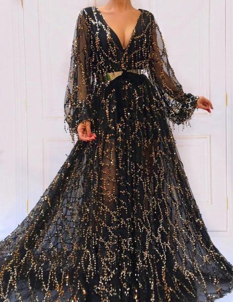 

2019 split evening gowns blingbling black and gold v neck long sleeves sheer skirt with golden metal belt sparkly formal dresses3742427, Black;red