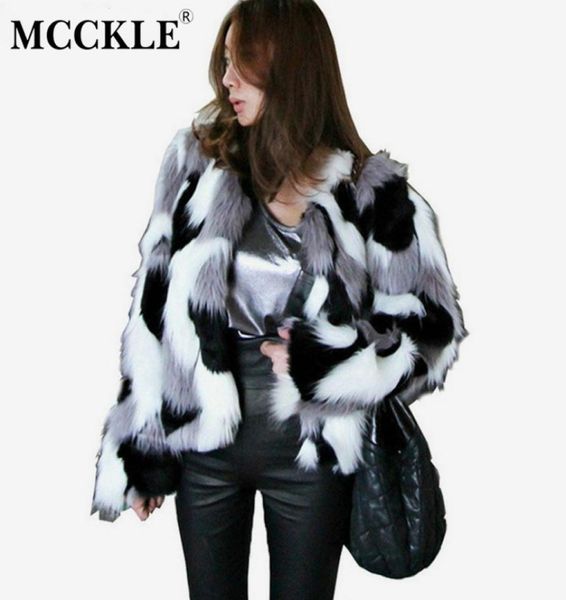 

mcckle women mixed color faux fur jacket 2018 autumn winter fashion warm fur short coat female casual coat outwear plus size4541961, Black