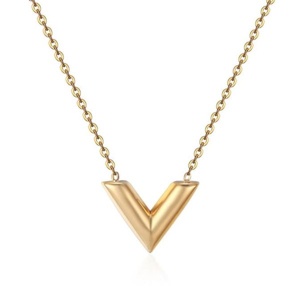 

classic design famous brand v letter pendant necklace for woman titanium steel woman necklace luxury jewelry female 894541, Silver